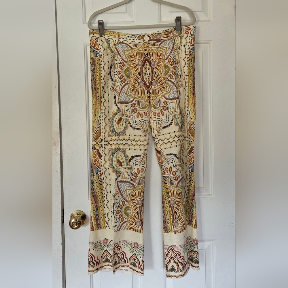 NWT ZARA Ecru Multicolor Paisley Printed Linen Blend Pants